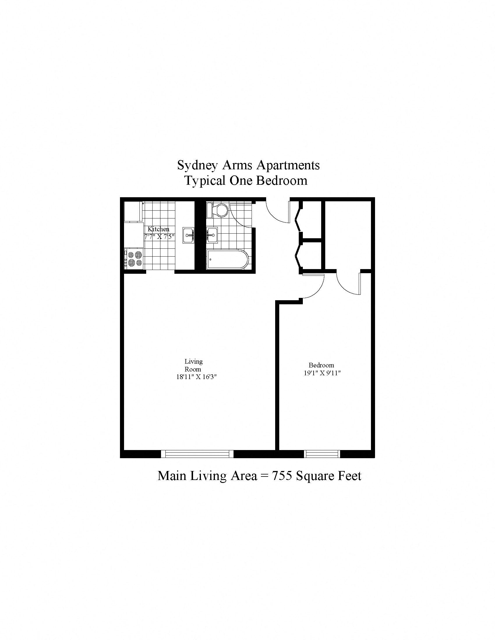 Floor plan for 1 bed, 1 bath, 585 sqft